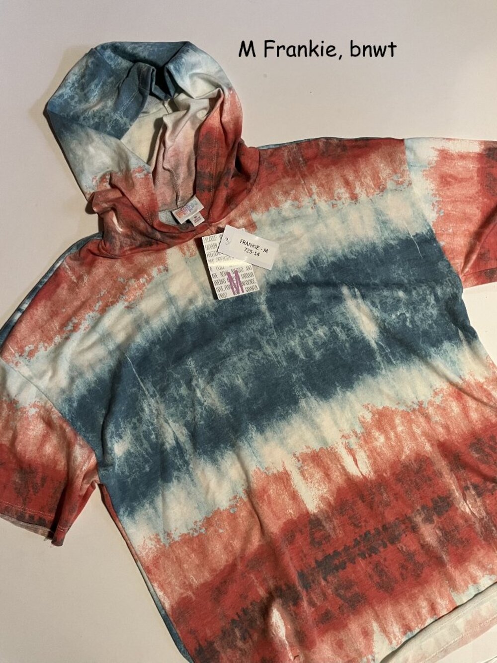 Medium Lularoe Frankie short sleeve hoodie, red, white, blue tie-dye stripes